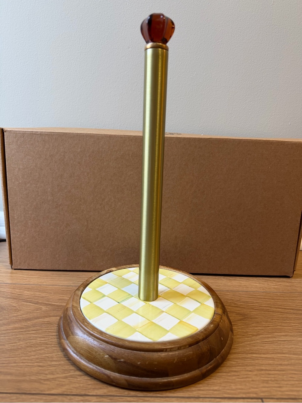 MacKenzie-Childs Parchment check Paper Towel Holder Wood Base